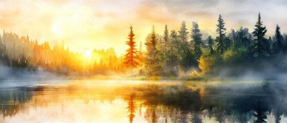 A serene landscape showcasing pristine lake reflecting vibrant colors of sunrise, surrounded by lush trees and mist. tranquil scene evokes sense of peace and connection to nature