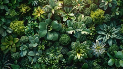 Fototapeta premium Lush green wall of diverse succulent plants thriving under soft natural light in a serene indoor space. Generative AI