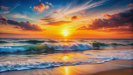 Fototapeta premium of a vibrant rising sun over the sea with coastal waves , ocean, acrylic paint, bright colors, coastal, waves,sunrise, sun, vibrant