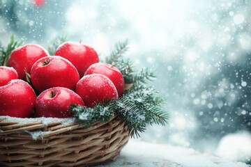 Obraz premium Red Apples in a Wicker Basket Decorated with Pine Branches and Snow