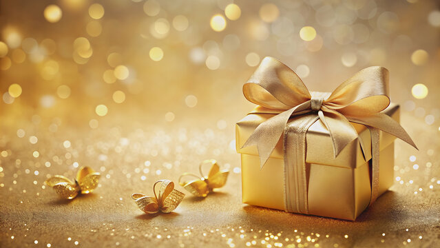 Gold gift box with ribbon on gold background with bokeh and butterflies, luxury gifting concept, gold, gift box