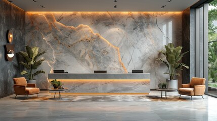 Modern reception area with elegant marble walls and stylish furnishings in a tranquil setting. Generative AI