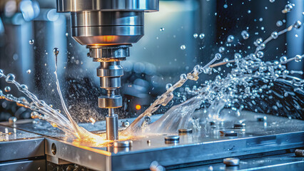 Fototapeta premium Close-up view of vertical CNC steel milling process with water coolant streams, splashes, and metal chips , CNC