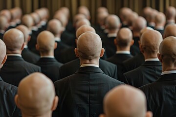 Crowd of bald men in suits seen from behind, uniformity in appearance.