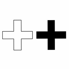 The black and white plus symbol is a mathematical sign used to indicate addition. combining two or more numbers or quantities to get a total. plus symbol on white background
