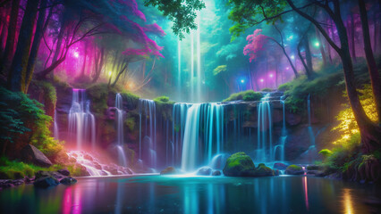 Fototapeta premium Fantasy of neon waterfall in deep forest with glowing colorful fairytale look, neon, waterfall, deep forest, fantasy, glowing