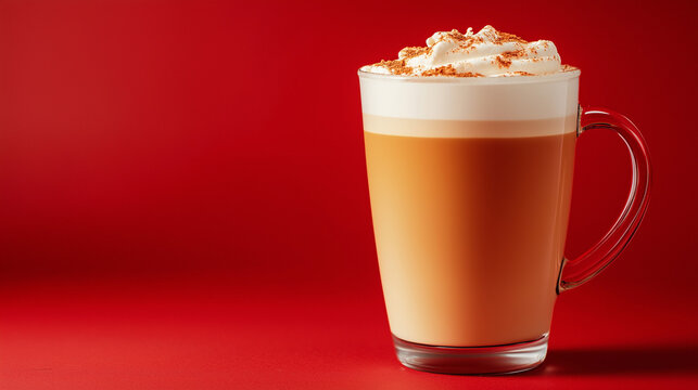 latte with whipped cream in glass mug on red background
