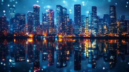 A city skyline at night with tall buildings lit up with windows reflecting in the water.