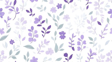 Delicate Floral Pattern with Purple and Mint Colored Leaves and Petals