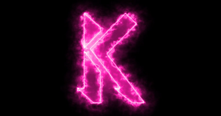 Neon K alphabet on black background. K alphabet neon moving outline for an online shop, blog, web, cafe, and hotel on a black BG.Technology video material animation. Easy to use in any video.