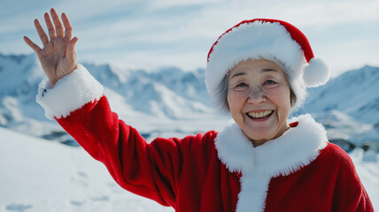 Obraz premium 山並みの前で手を振るサンタの女性