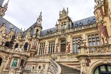 Fototapeta premium Architectural fragments of Benedictine Palace (Palais de la Benedictine, 1852) - neo-Gothic and neo-renaissance styles chateau. Fecamp, Seine-Maritime department, Haute-Normandie, France.