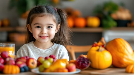 Happy Girl Surrounded by Fresh Fruits and Vegetables in a Home Kitchen Setting