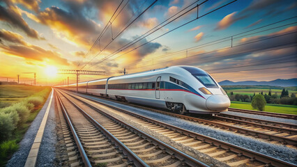 Fototapeta premium High speed train traveling on railroad tracks , transportation, locomotive, railway, travel, speed