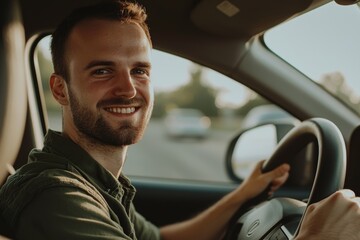 An urban landscape is blurred behind a smiling man in a green shirt, posing through the open...