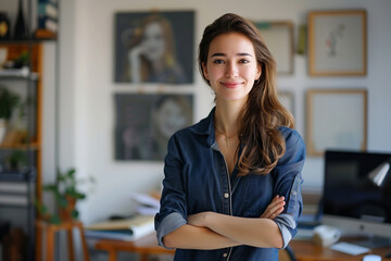 Portrait of young smiling fashion designer women or business people standing at creative office