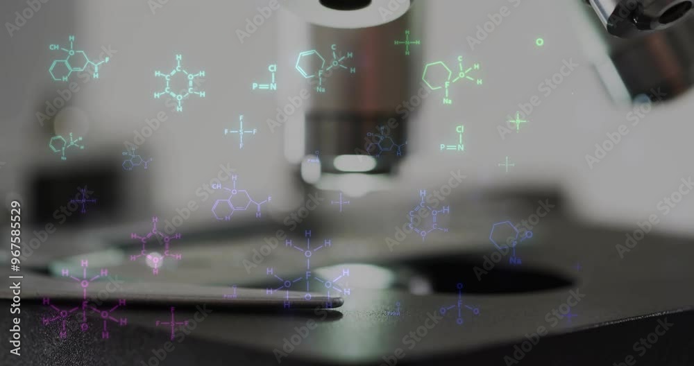 Poster animation of scientific data processing over microscope in laboratory