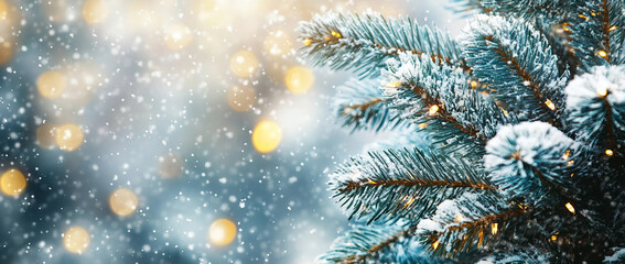 Close up of fir branches and christmas tree and snowy light blue background with sparkling lights