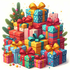 Fototapeta premium A stack of colorful wrapped gift boxes with bows isolated on a Christmas background