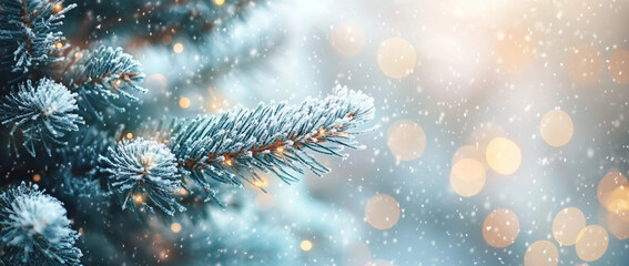 Close up of fir branches and christmas tree and snowy light blue background with sparkling lights