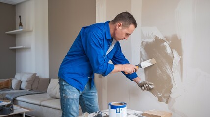 Handyman repairing drywall hole in a contemporary living room