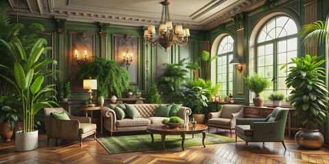 Fototapeta premium Elegant vintage interior design with lush indoor greenery, old world charm, classic, traditional, antique