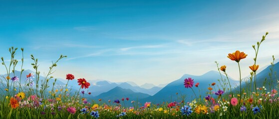 Vibrant Wildflowers Amidst Serene Mountain Landscape