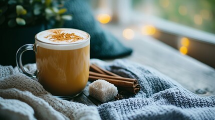 Autumn Drink Pumpkin Latte with Cinnamon and Brown Sugar in a Cozy Home Atmosphere
