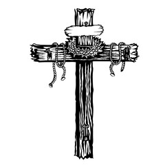 old wood cross with nails and ropes for hands, crown of thorns on top part. Object isolated on white
