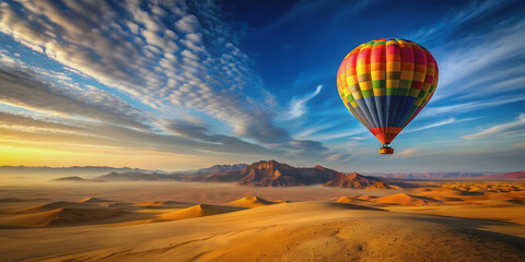 Obraz premium Colorful hot air balloon flying over desert landscape, hot air balloon, aerial view, desert, landscape, colorful, adventure