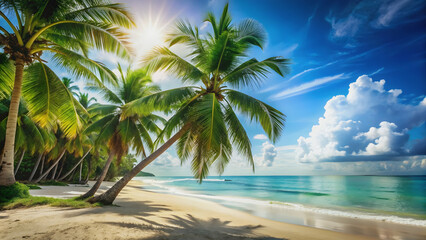 Obraz premium Tropical landscape with beach, ocean, and palm trees, perfect for summer vacation and travel , tropical, landscape, beach