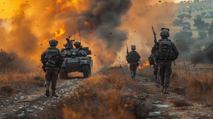 Soldiers tactically advance alongside a tank amidst smoky chaos in a war-torn landscape during twilight hours. Generative AI