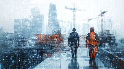 Futuristic construction scene with workers walking through digital landscape, showcasing double exposure effects. image captures essence of modern architecture and technology