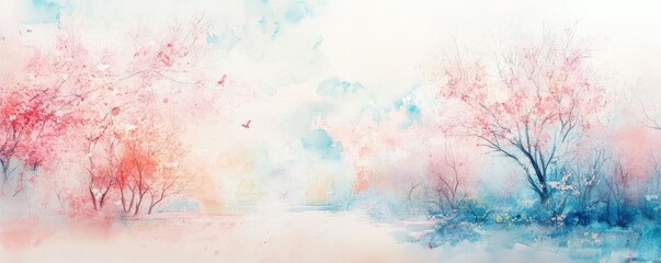 Beautiful watercolor landscape featuring soft pink and blue trees, creating a serene and dreamy atmosphere.