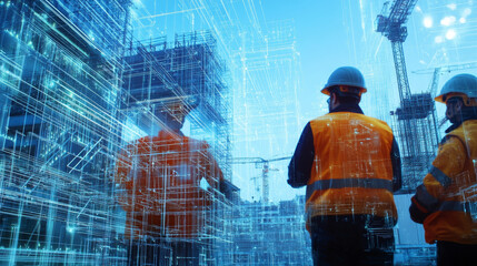 advanced engineering team observes construction site, surrounded by digital overlay of blueprints and structures, showcasing blend of technology and construction
