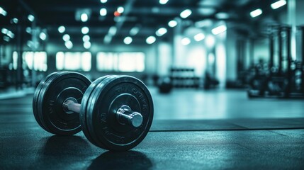 Fototapeta premium Black Dumbbell on a Gym Floor