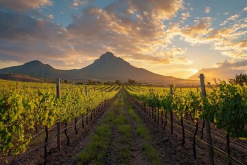 Fototapeta premium A beautiful vineyards with a mountain in the background during sunrise