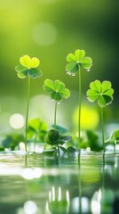 Close-up of clover leaves with dewdrops, serene nature scene. Tranquility and freshness concept