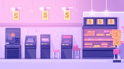 A colorful digital illustration of a modern ATM setup and a vending machine in a vibrant environment.