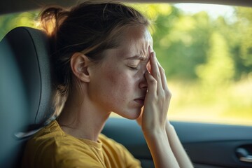 The expression of a young woman in a car interior conveys deep thought or anxiety. She is wearing a striped shirt and standing in a blurred background with soft natural light.