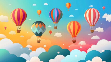 A cartoon illustration of hot air balloons floating in the sky.