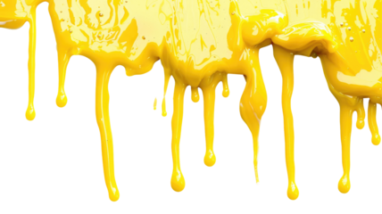 Dripping yellow paint liquid isolated on png background.
