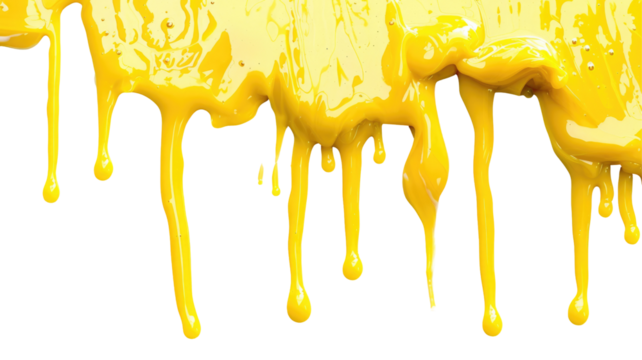 Dripping yellow paint liquid isolated on png background.