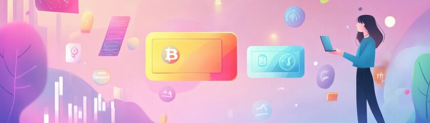 A digital illustration showcasing a woman interacting with colorful technology symbols and currency in a vibrant environment.
