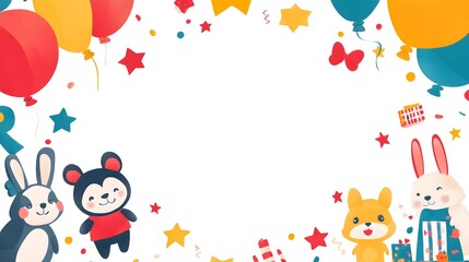 Naklejka premium Cheerful Cartoon Bunny Celebrating with Balloons and Confetti