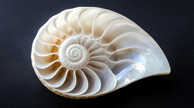 An isolated white photo of a detailed black and white image of the halved shell of a chambered nautilus (Nautilus pompilius).