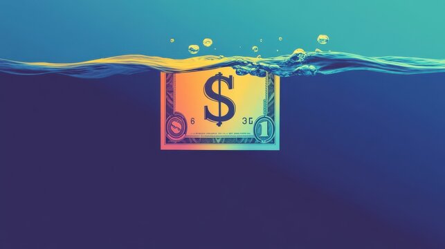 A dollar bill submerged in water, symbolizing struggles with finances and wealth in a creative and abstract way.