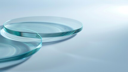 Transparent Glass Thin Podium. Cosmetics Product Presentation Show. Abstract Minimal Geometric Sphere. Fly Cylinder Forms, Soft Shadow. Plain Showcase Display Case Scene Stand. Trendy Light Blue Color