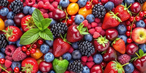 Fototapeta premium A collection of colorful and vibrant summer fruits such as strawberries, blueberries, cherries, apples, blackberries