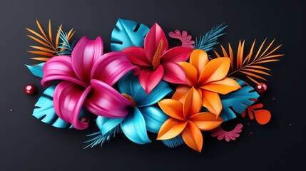 Obraz premium A vibrant arrangement of colorful flowers and tropical leaves on a dark background, ideal for design purposes.